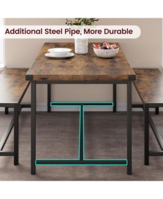 3 Piece Dining Table Set for 4 with Space-Saving Benches, Tabletop, Steel Frame, Modern Farmhouse Kitchen Table for Small Spaces