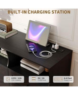 6 Drawer Dresser for Bedroom with Power Outlets & LED Light, Slim Wooden Chest of Drawers with Open Shelf