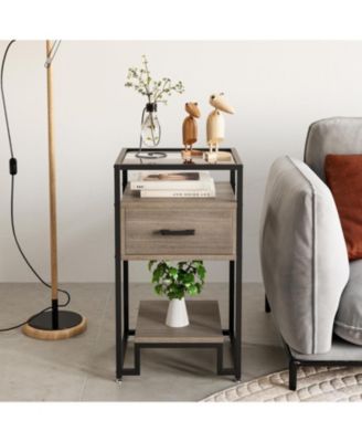 Modern Nightstand with Glass Panel, Small Side Table with Open Shelves and Glass Top   3-Tier Storage, for Bedroom & Living Room