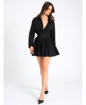 Women's Jamila Black Shirt Mini Dress with Embroidered Waist Detail