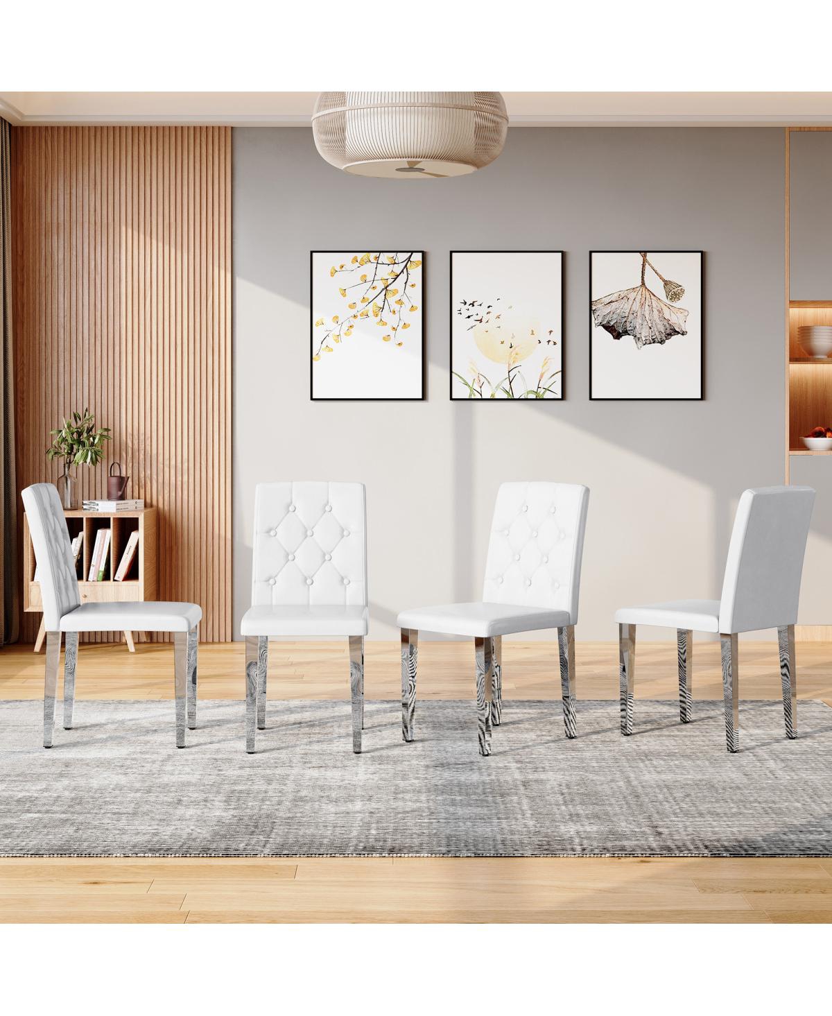 Streamdale Furniture 4-pack White Pu dining chairs, ergonomic buckle backrest, 35"H, silver legs. - White+silver