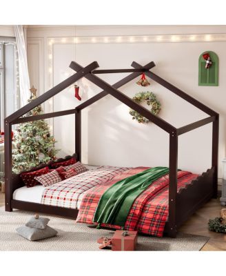 Queen House Floor Bed with Slats, Solid Wood House Bed Frame for Kids