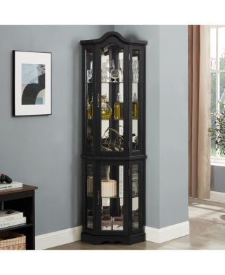 Lighted Oak Curio Cabinet with Tempered Glass Doors & Shelves - Black
