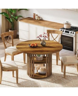 47-Inch Round Dining Table for 4, Farmhouse Kitchen Table with 2-Tier Storage Shelf and Solid Wood Base, Brown