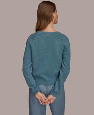 Women's Pointelle Stitch Open-Front Cotton Cardigan 