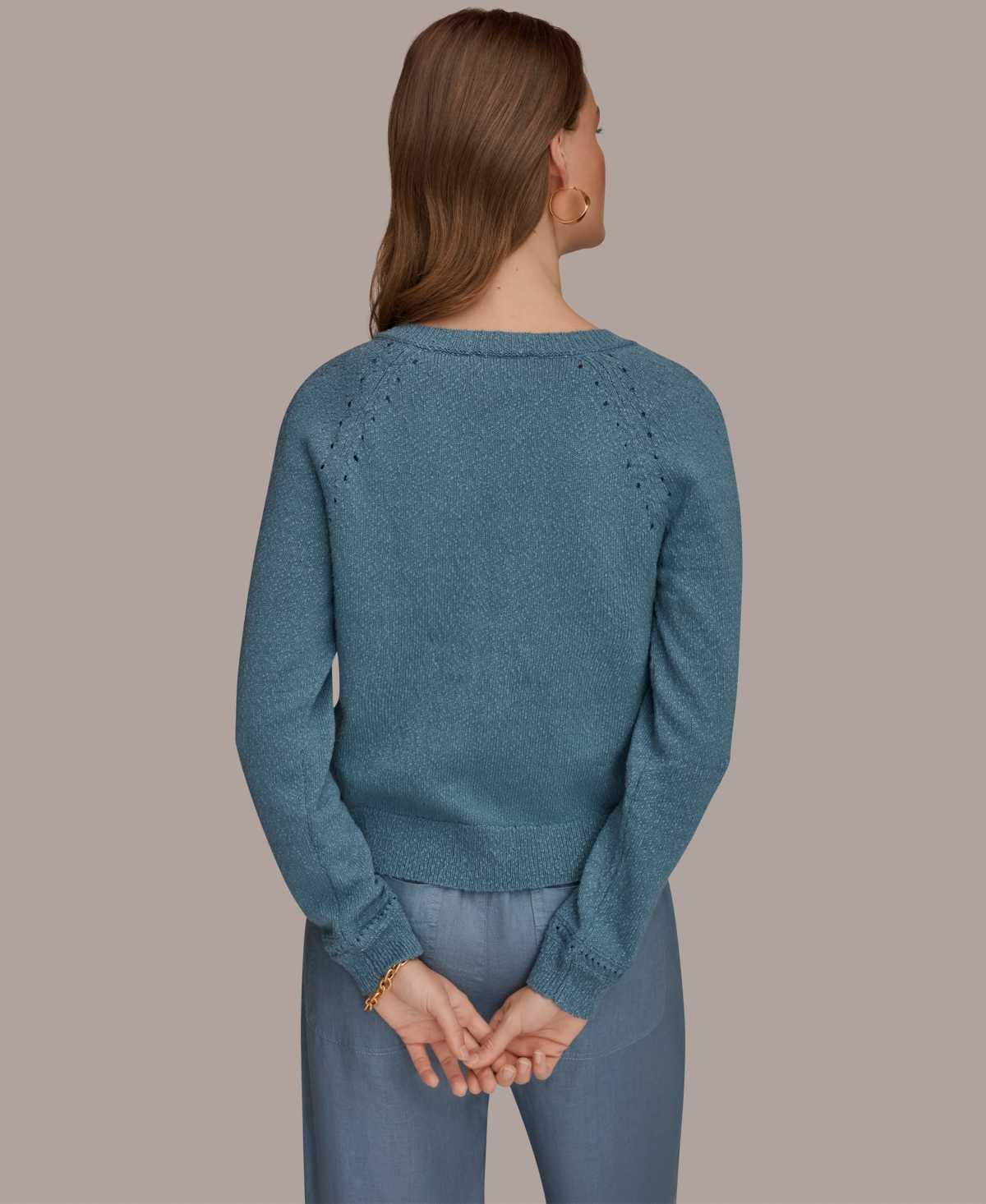 Donna Karan Weekend Women's Pointelle Stitch Detail Open-Front Cardigan