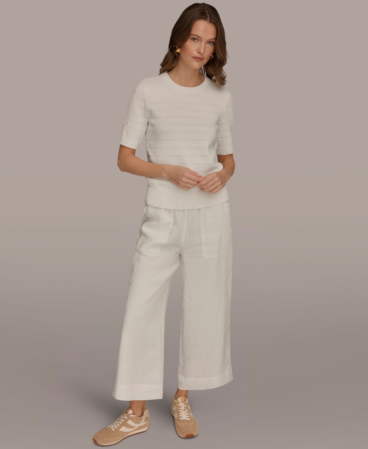 Donna Karan Weekend Women's Elbow-Sleeve Crew Neck Stripe Sequin Sweater