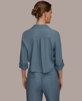 Women's Linen Button-Front Tie Blouse