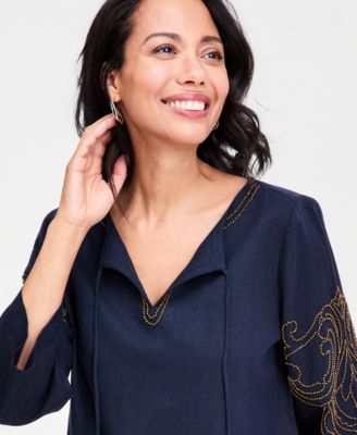 Women's Bead-Embellished Linen-Blend Top