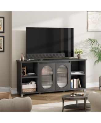 Modern TV Stand for 70" TV, Black Entertainment Center with Shelves and Glass Doors
