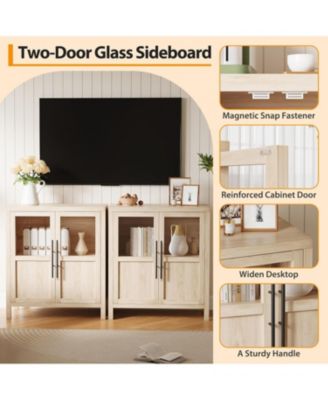 Sideboard With 2 Glass Doors, 29" Large Buffet Cabinet With Solid Wood Countertop, Coffee Bar Cabinet With 2