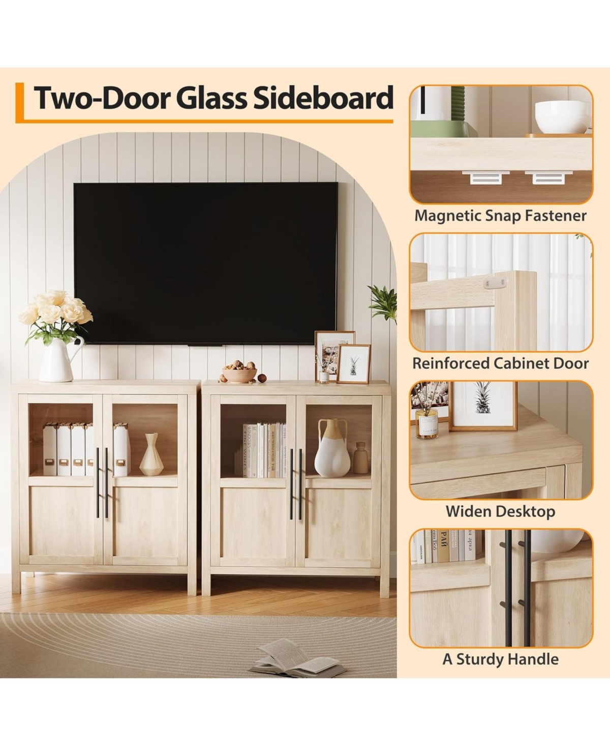 Gaomon Sideboard With 2 Glass Doors, 29" Large Buffet Cabinet With Solid Wood Countertop, Coffee Bar Cabinet With 2