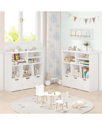 Toy Storage Cabinet with 3 Movable Drawers & 6 Cubes, Children's Toy Shelf Kids Bookshelf with Hidden Wheels