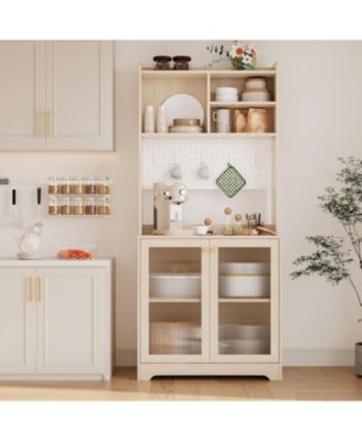 71" Wooden Kitchen Pantry Cabinet with Microwave Stand and Hutch