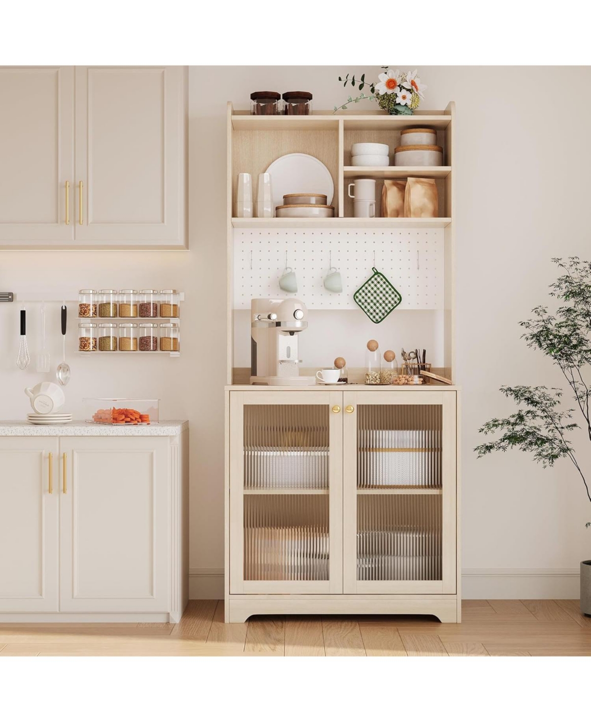 gaomon 71" Wooden Kitchen Pantry Cabinet with Microwave Stand and Hutch