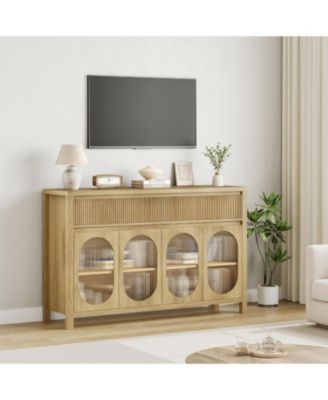 55" Large Sideboard Buffet Cabinet with Storage and 2 Fluted Drawer Front, Buffet Table Coffee Bar Storage Cabinet with 4 Glass Doors