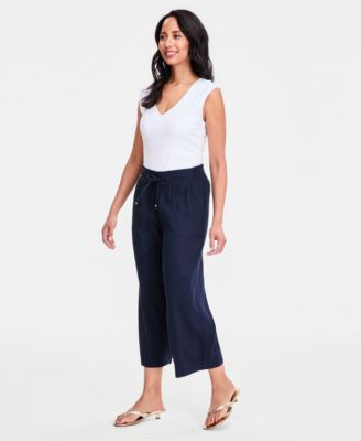 Women's Cropped Drawstring Linen-Blend Wide-Leg Pants