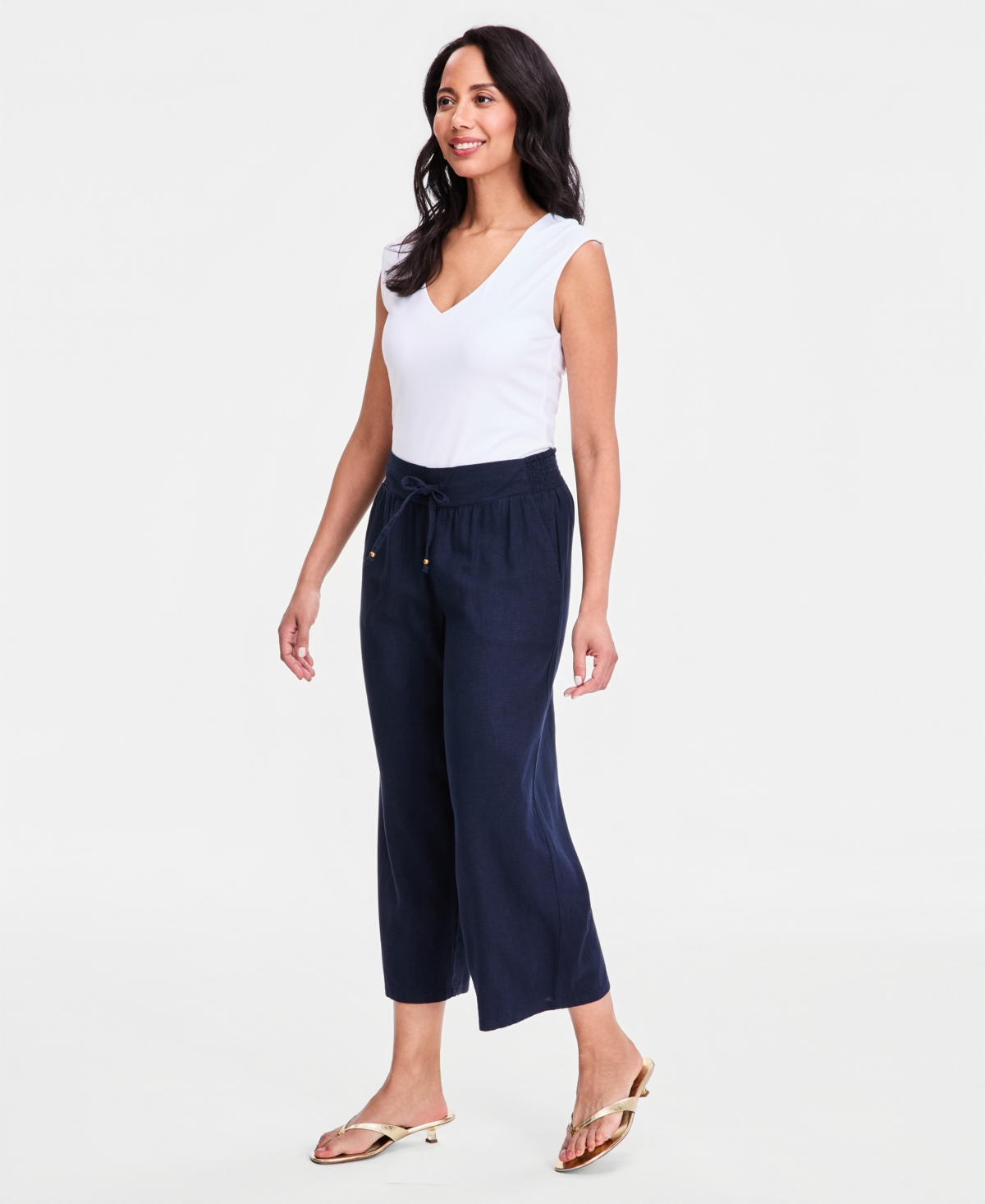 Jm Collection Women's Cropped Drawstring Linen-Blend Wide-Leg Pants, Macy's Exclusive