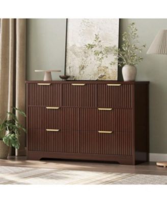 7 Drawer Wooden Dressers for Bedroom, Fluted Dresser with Gold Handles for Adult Bedroom