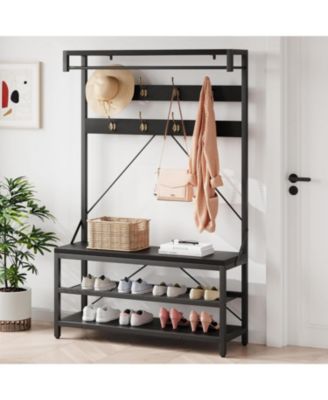72" Industrial Hall Tree with Shoe Bench & Coat Rack, Entryway Storage Organizer with 8 Hooks, 3-Tier Shelf & Metal Frame