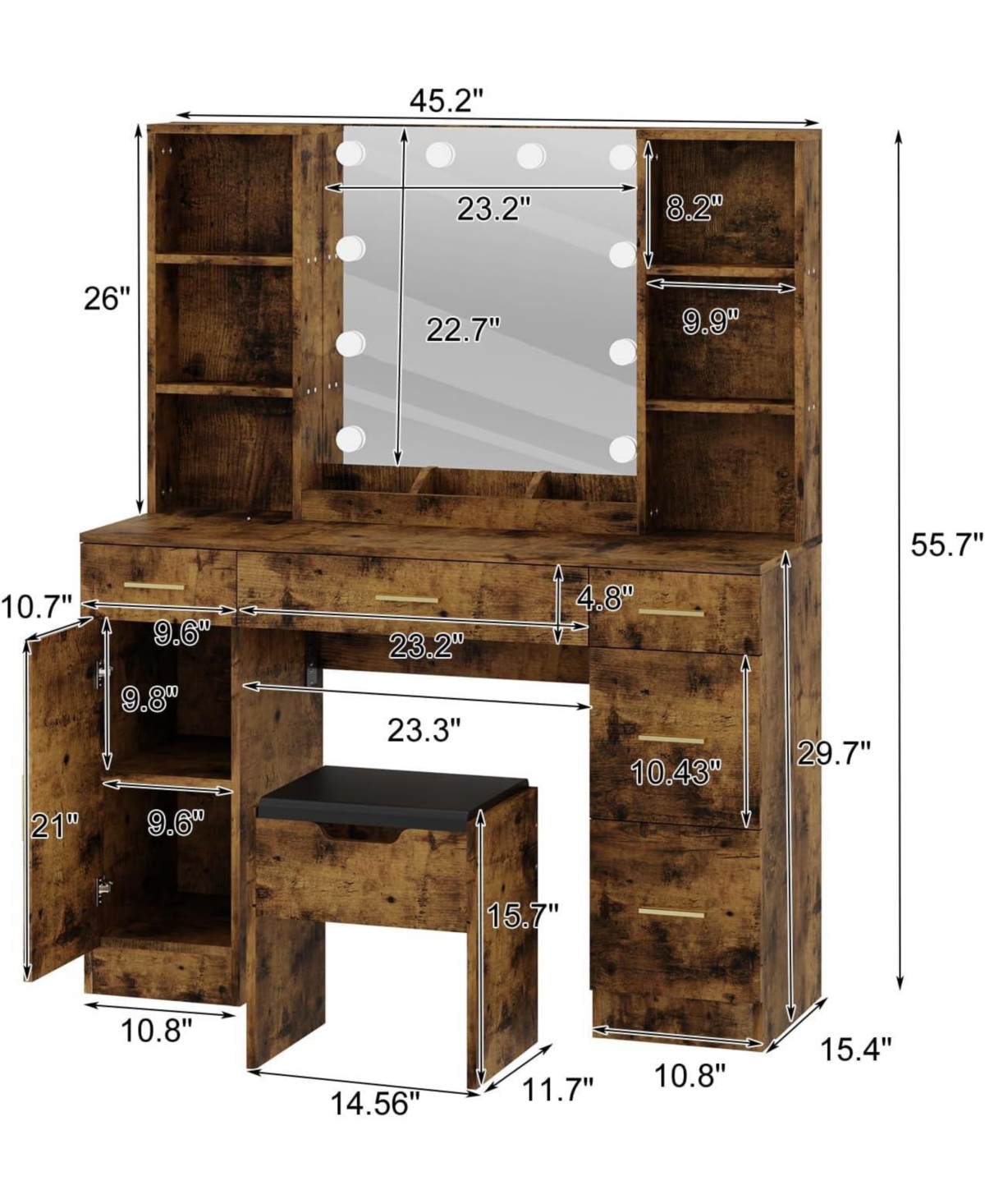 gaomon Modern Makeup Vanity Table Set With Lighted Mirror,56" Farmhouse Vanity Desk With Charge Station&Storage Shelves,Dressing Table