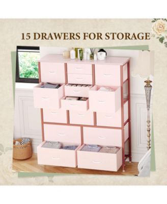 15-Drawer Pink Fabric Dresser, Wood Tabletop, Metal Frame, Tall Chest Organizer for Bedroom, Living Room, Entryway
