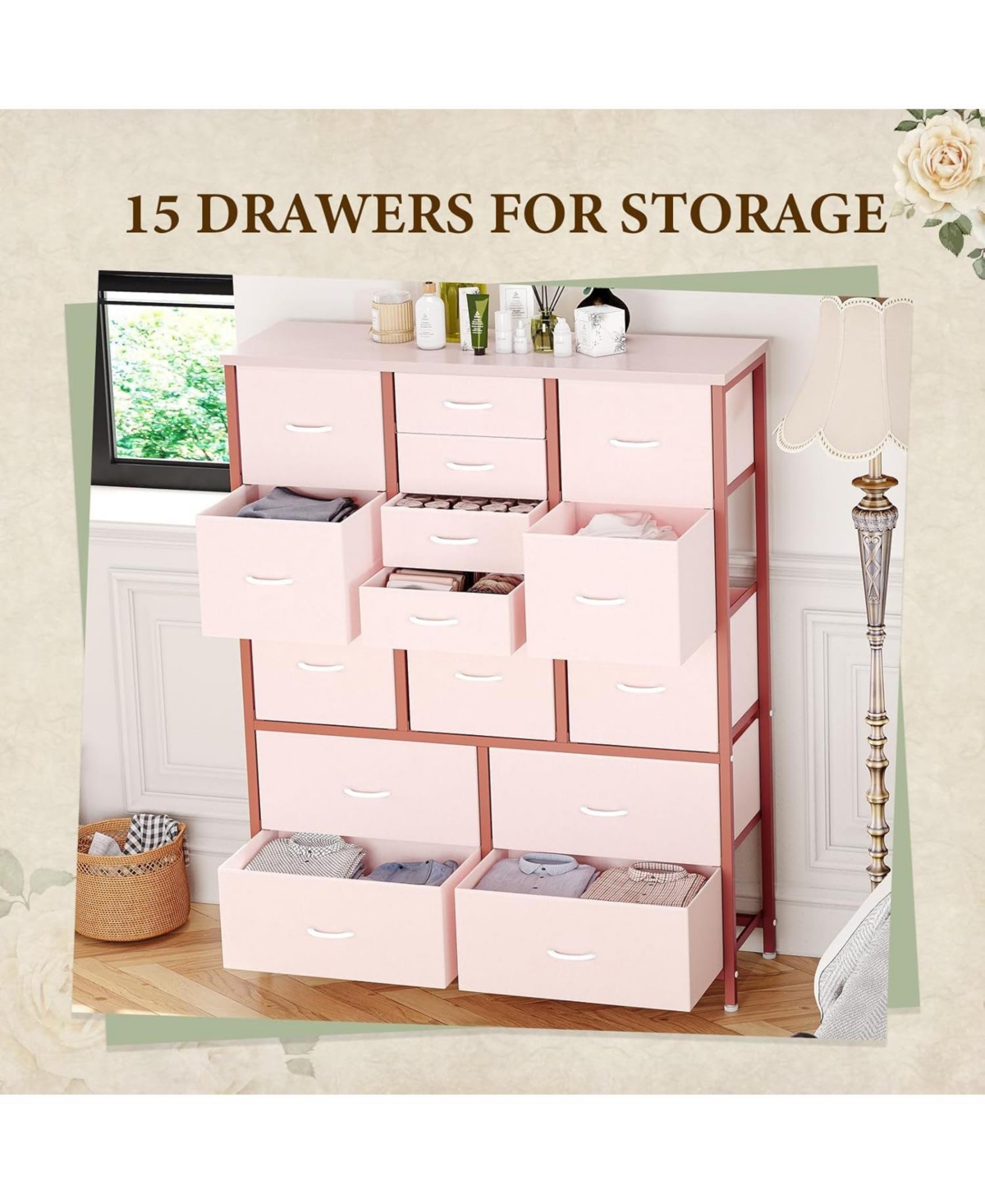 gaomon 15-Drawer Pink Fabric Dresser, Wood Tabletop, Metal Frame, Tall Chest Organizer for Bedroom, Living Room, Entryway
