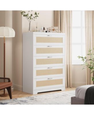 5-Drawer Modern Rattan Tall Dresser, Wide Top, Wooden Storage Cabinet for Bedroom, Living Room, Hallway, Entryway