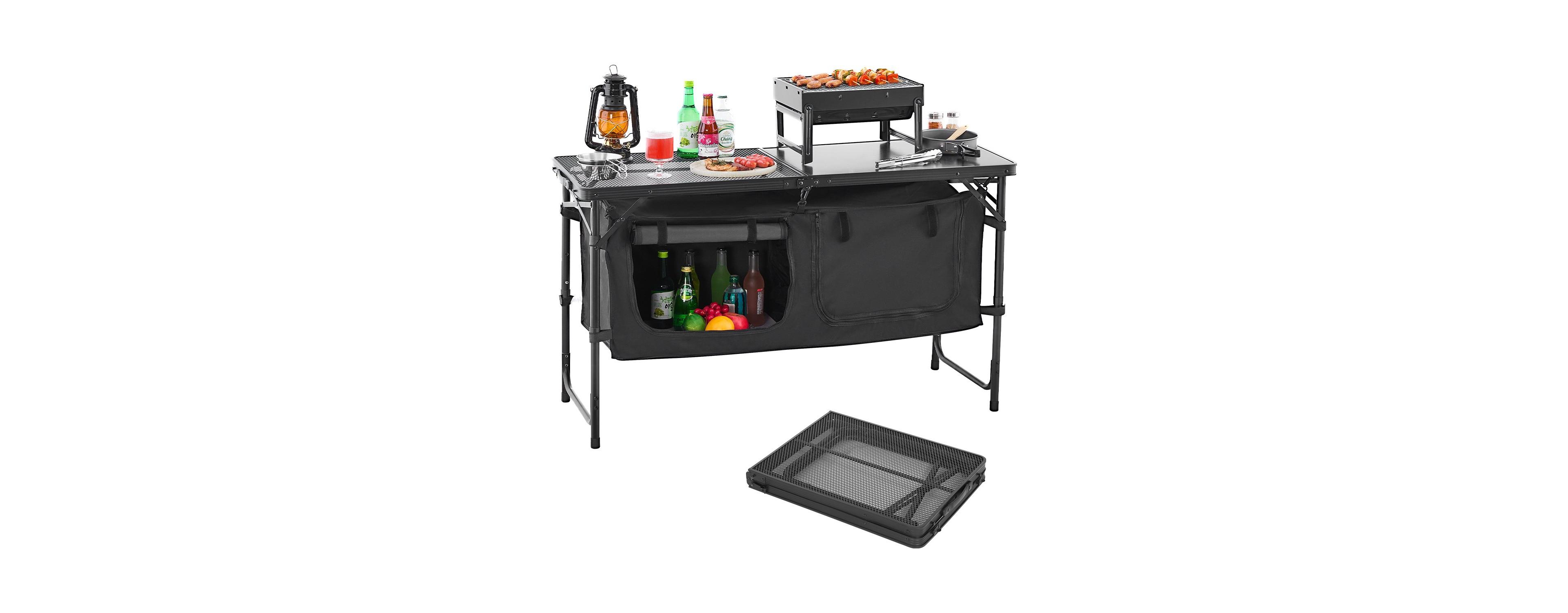 Mecale Camping Kitchen Table – Folding Aluminum Cook Station with Storage & Adjustable Heights