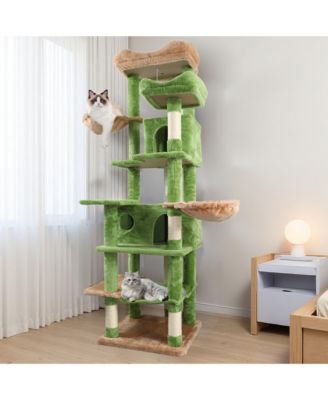 68in Green Multi Level Cat Tree Hammocks Hanging Basket Cat Cave Removable Cushion Scratching Posts