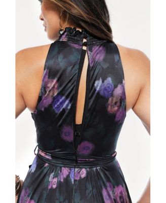 Women's Draped High Neck Sculpting Floral-Print Maxi Dress