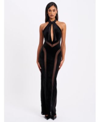 Women's Paityn Black Velvet Mesh Cutout Halter Gown