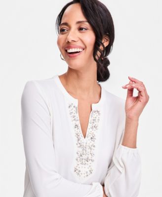 Women's Long-Sleeve Crepe Embellished-Neck Top