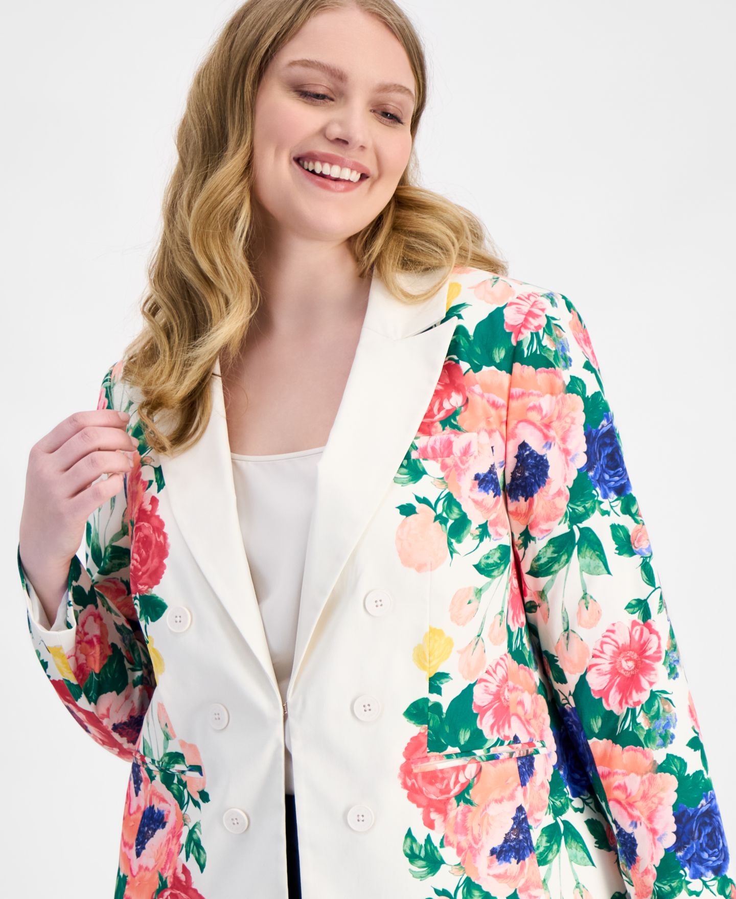 Женский пиджак Tahari ASL Plus Size Printed Faux Double-Breasted Blazer, цвет: Слоновая кость разноцветный — фото 3