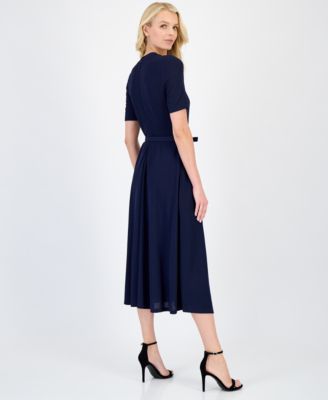 Women's Twist-Neck Flared Midi Dress