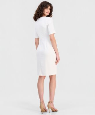 Women's Asymmetric-Neck Elbow-Sleeve Midi Dress