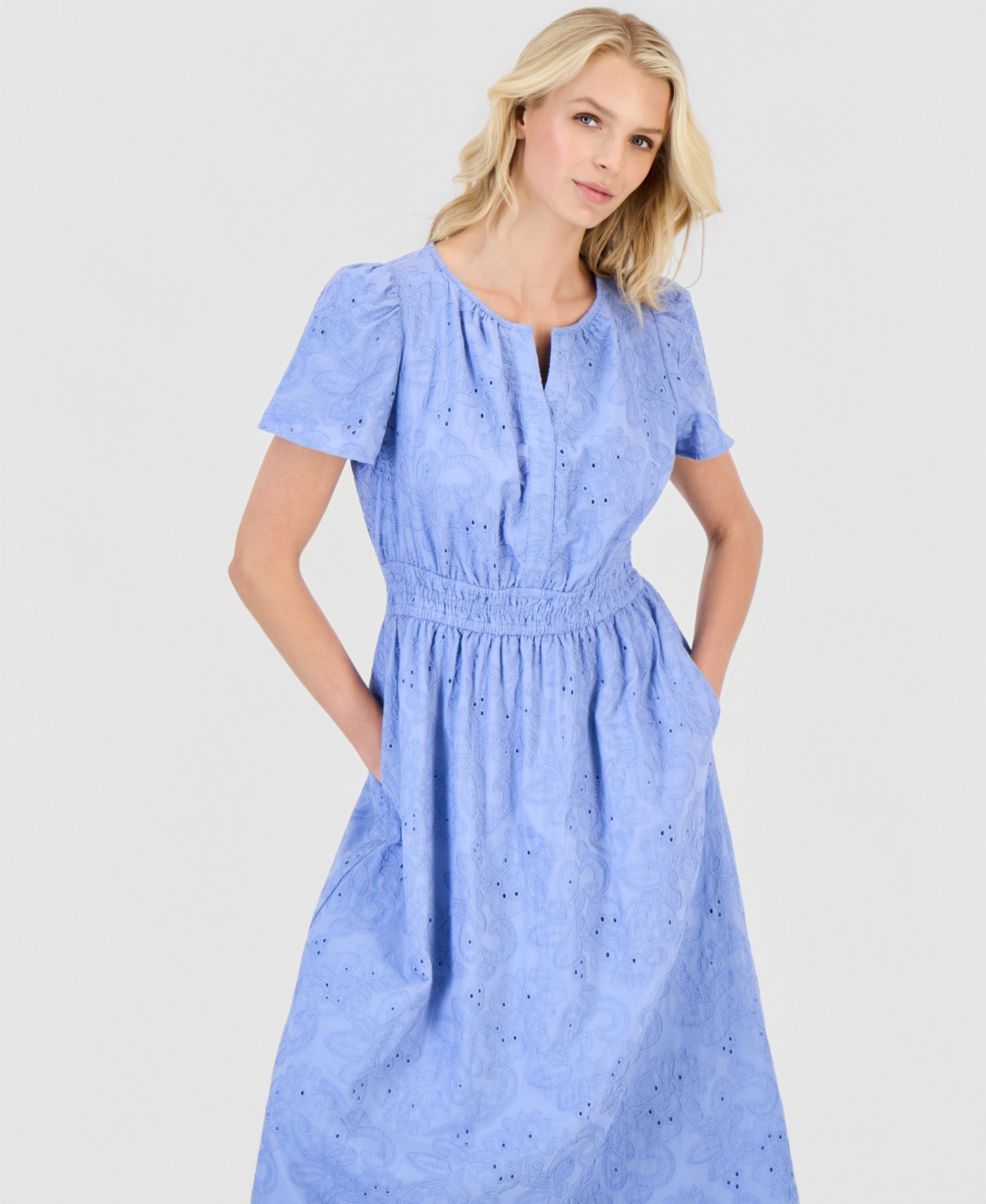 Женское платье Anne Klein Eyelet Short-Sleeve Midi, цвет: Синий — фото 2