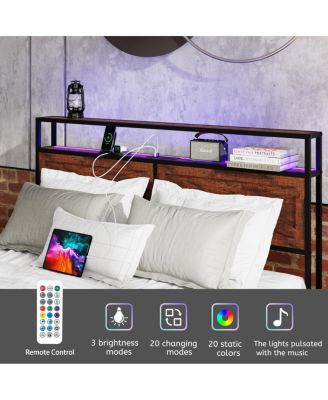 King Bed Frame with Storage Headboard & 12 Drawers, LED Lights, Metal Platform