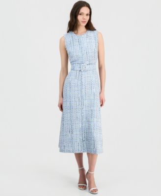 Women's Tweed Belted Sleeveless Midi Dress