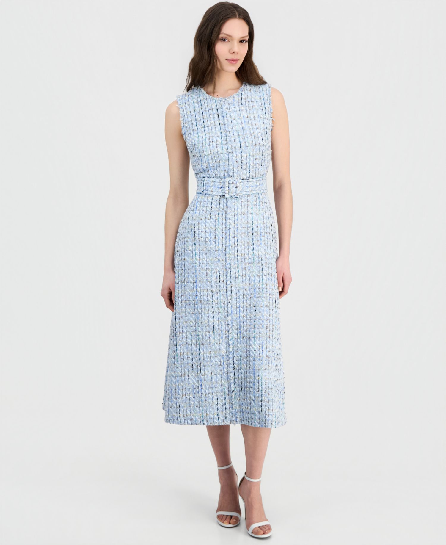 Women's Tweed Belted Sleeveless Midi Dress