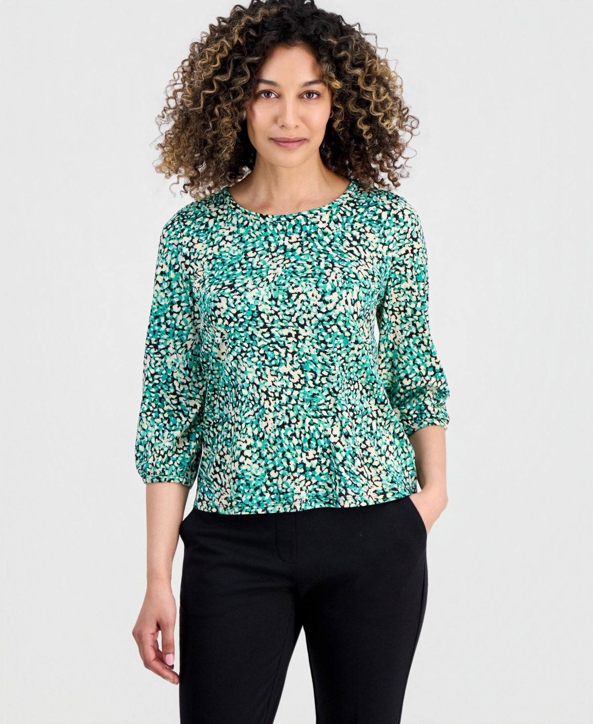 Jones New York Petite Printed Blouson-Sleeve Top