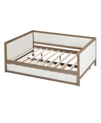  Full Size Upholstered Daybed with Trundle and Nailhead Decoration, Wood Color