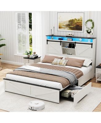  Farmhouse Queen Bed Frame w/Storage Headboard, Drawers, Charging & LED Lights, White