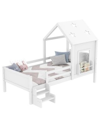 Twin House Bed with Stairs, Bookcase, Blackboard & Roof