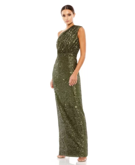 Women's Petite One Shoulder Ruched Sequin Evening Gown - Olive