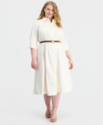 Plus Size 3/4-Sleeve Belted Shirt Dress