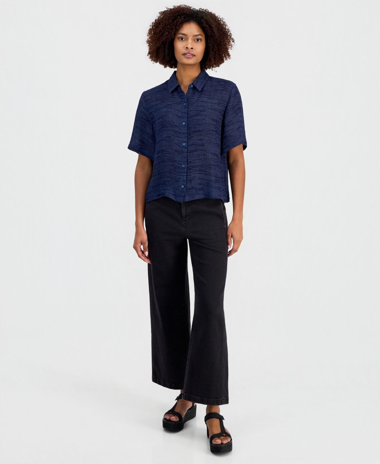 Женская рубашка EILEEN FISHER PETITES Eileen Fisher Short-Sleeve Gauzy Jacquard, цвет: Чернильный — фото 3
