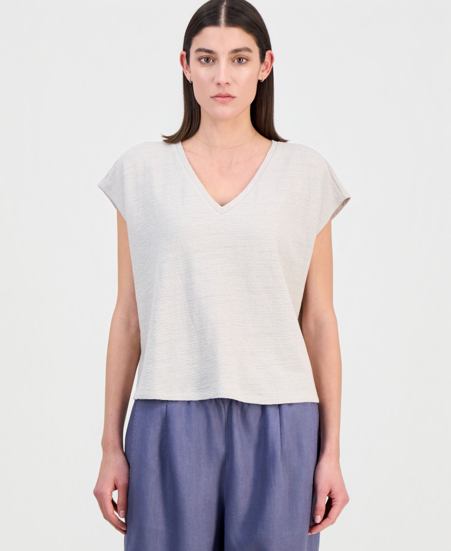 Женский топ Eileen Fisher Cotton Jacquard V-Neck, цвет: Меловой — фото 1