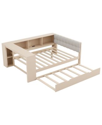 Wood Full Platform Bed w/Storage, Trundle, Charging Station, Upholstered Headboard