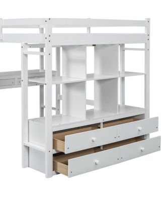 Streamdale Full Size Loft Bed with Desk, Drawers & Shelves, White